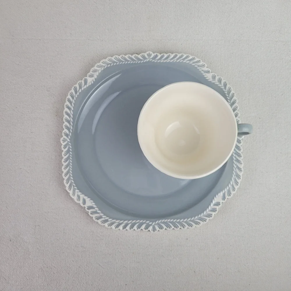 Vintage Harker‎ Pottery Gray Snack Set Cup and Square Plate